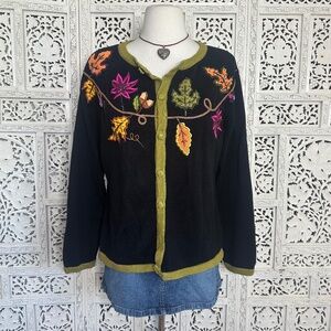 Vintage‎ Fall Theme Cardigan With Leaves & Beading Details Sz Large